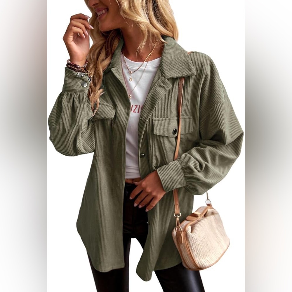 ELFTOWN Women's Army Green Corduroy Button Down Long Sleeve Oversized Shacket